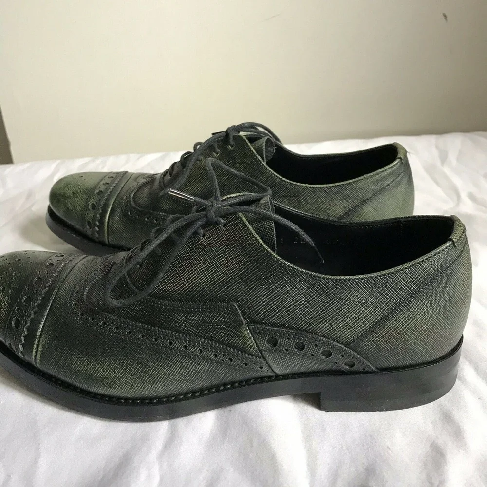 PRADA Olive Grained Leather Oxford Shoes Mens 6/ W - Picture 6 of 8